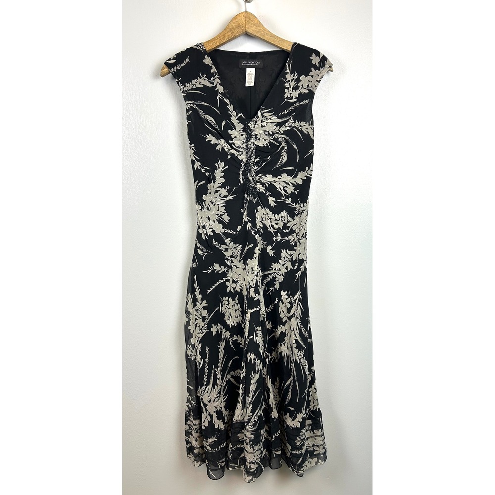 Vintage Jones New York Black Silk Floral Beaded Chiffon‎ Midi Dress 8P Fairy